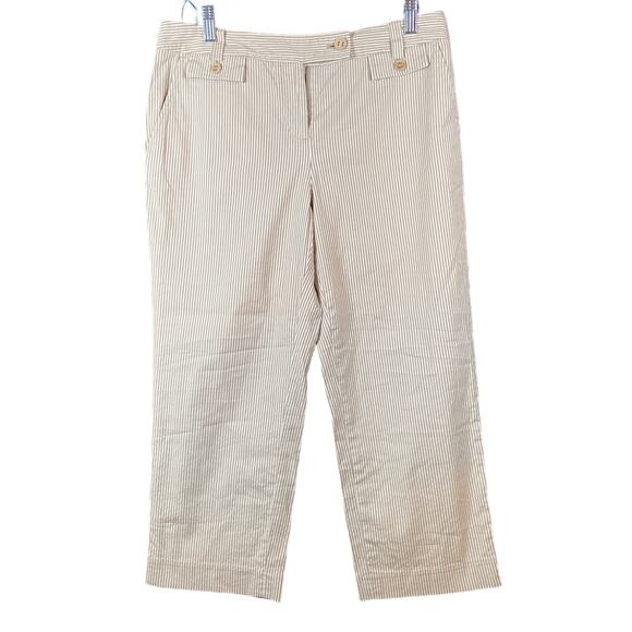 Talbots Womens Pants Tan Rust Striped Petite Mid Rise Cropped Capri Stretch 8P - Picture 1 of 11